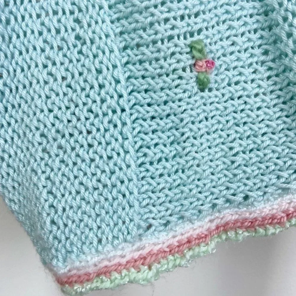 Vintage Blue Crochet Rosebud Handmade Blanket